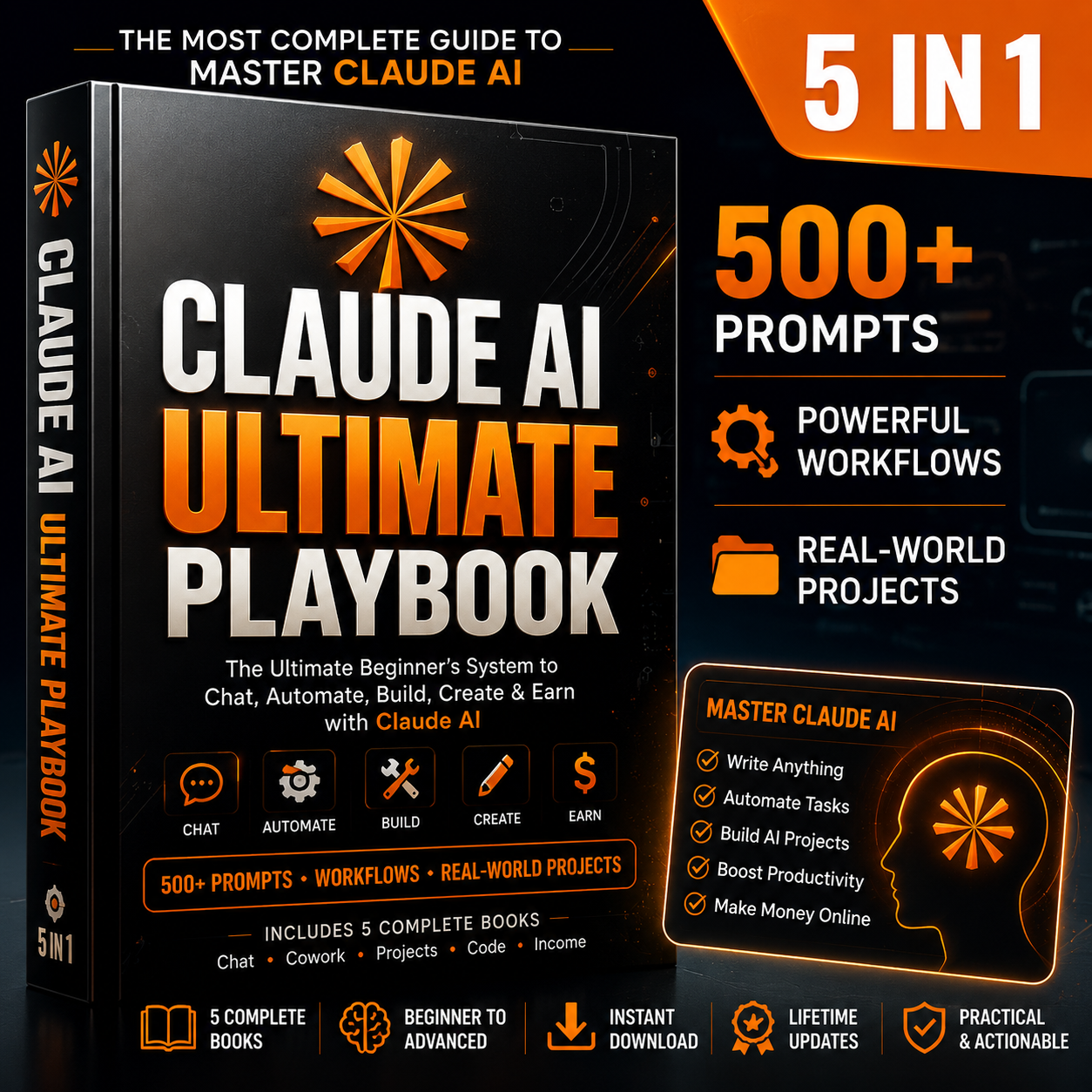 Claude AI Ultimate Playbook promotional cover showing a 5-in-1 guide, 500+ prompts, workflows and real-world projects.
